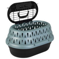 The Petmate Top Load Cat Kennel by Petmate is shown with a dark base and teal top, featuring vent holes. Its open lid reveals a handle and grid opening for ventilation, ideal for your feline friends travels.