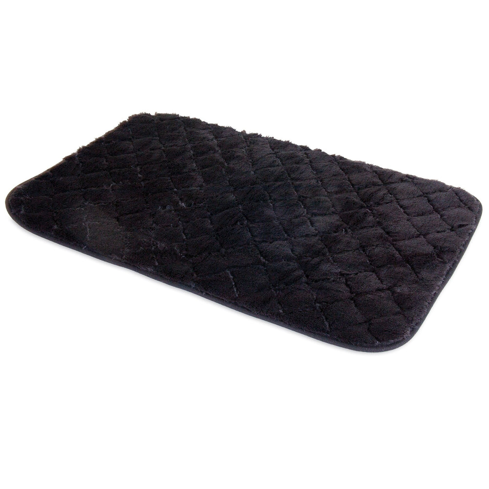 Introducing the Snoozzy Black Quilted Kennel Mat: a plush, super-soft fabric mat ideal as a floor mat or pet bed. Its stylish and functional black rectangular design is machine washable, ensuring hassle-free cleaning.