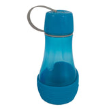 The Petmate Blue Replendish To-Go Travel Water Bottle is a translucent, ergonomic container ideal for pet hydration during travel. It has a wide base, rubber strap on the lid, gray flexible handle for easy carrying, and comes with an optional detachable water bowl.