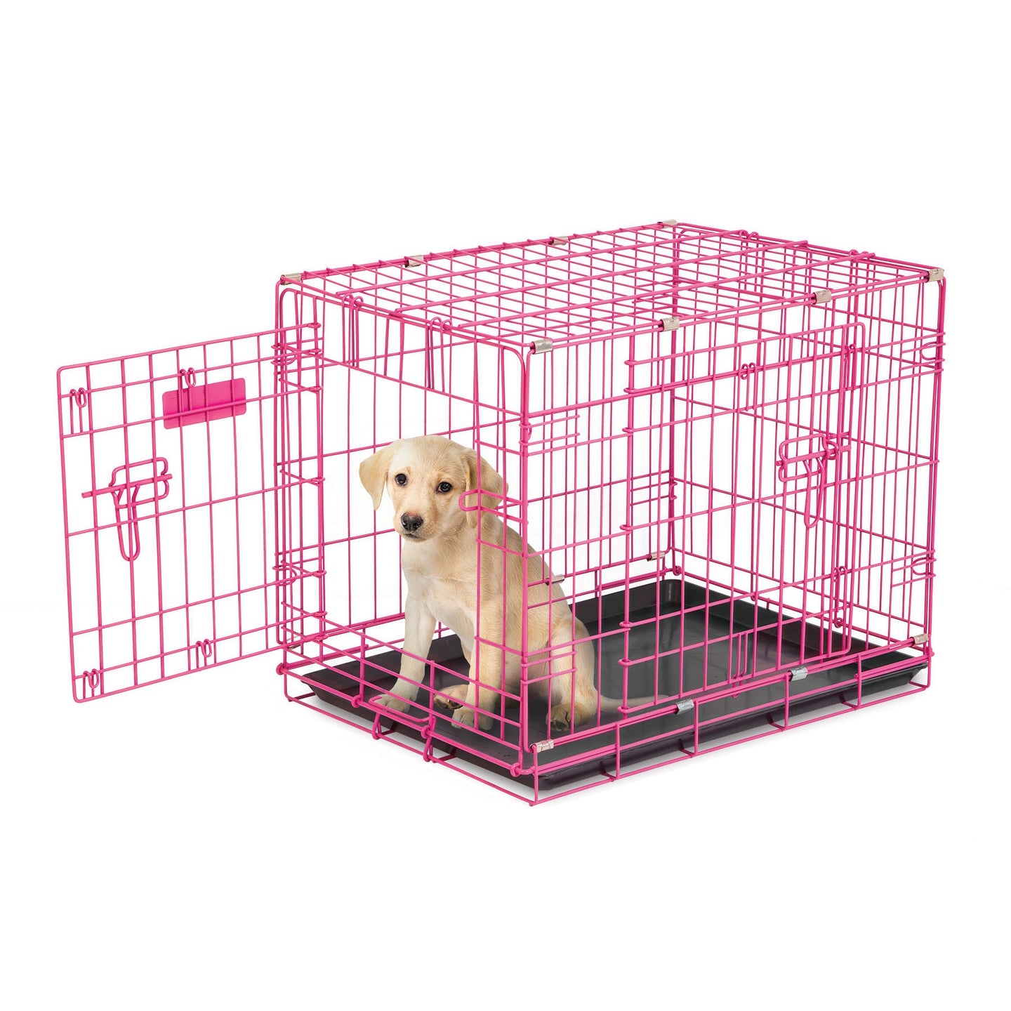 A small puppy sits inside a Petmate 2 Door Wire Puppy Crate with the door open. The pink crate is ideal for house training, resting on a black base, as the puppy looks towards the camera.
