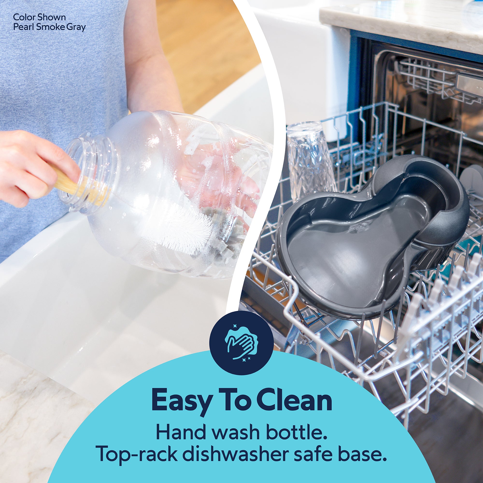 A person hand-washes a large bottle in a sink, while a Petmate Replendish Pet Waterer With Microban base is on the top rack of an open dishwasher. Text: Easy to clean—hand wash bottle, top-rack dishwasher safe base. Brand: Petmate.