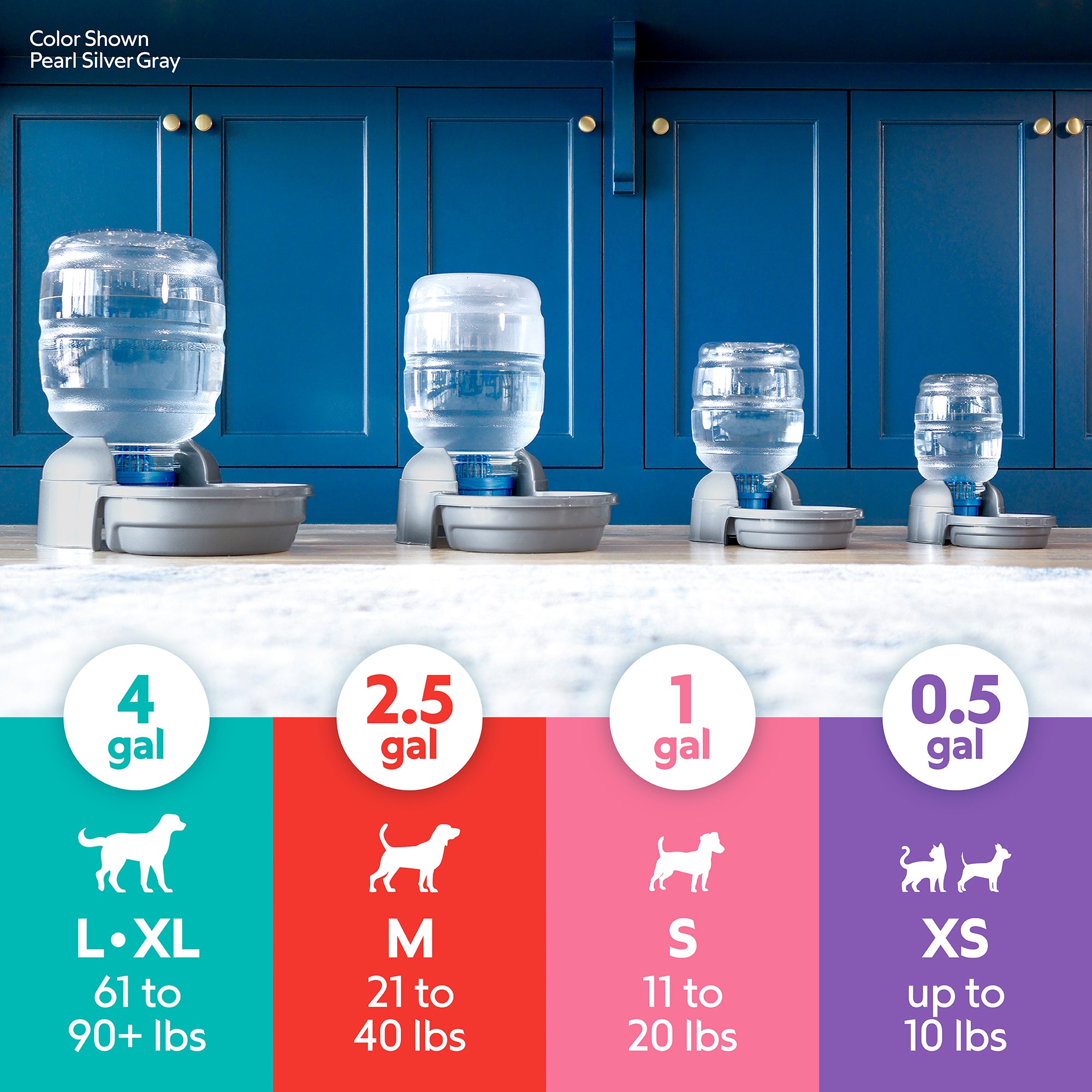 Four Petmate Replendish Pet Waterer With Microban dispensers of various sizes are displayed, with icons showing capacities from 0.5 to 4 gallons, suitable for XS to XL pets. Brand: Petmate.