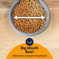 A gray Petmate Replendish Pet Feeder With Microban is shown from above, filled with kibble. A white double-headed arrow highlights its wide opening. Text: Petmate – gravity feeder maintains a constant food level.