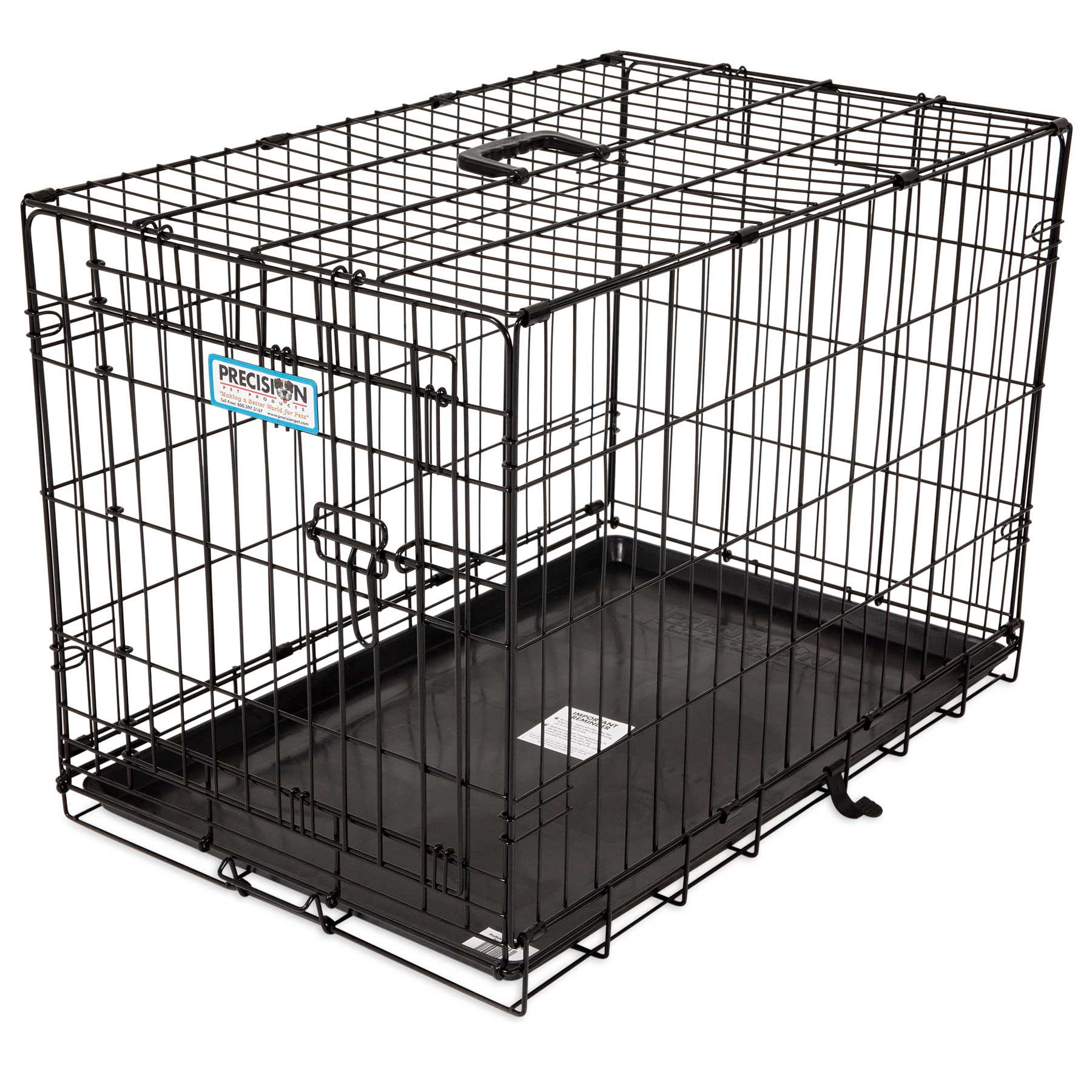 The Precision Pet ProValu 1 Door Wire Crate, from Precision Pet Products, boasts a rust-resistant black metal wire design with a top handle and bottom plastic tray. The door opens to a spacious interior, secured by a 5-Point Locking System, while a side label allows for easy identification.
