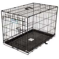 The Precision Pet ProValu 1 Door Wire Crate, from Precision Pet Products, boasts a rust-resistant black metal wire design with a top handle and bottom plastic tray. The door opens to a spacious interior, secured by a 5-Point Locking System, while a side label allows for easy identification.