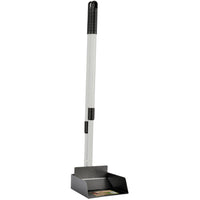 The Precision Pet Little Stinker Poop Scoop with Spade, by Precision Pet Products, is a black dustpan with a telescoping silver handle and top black grip. It stands upright for efficient waste removal and features a small ledge for easy use.