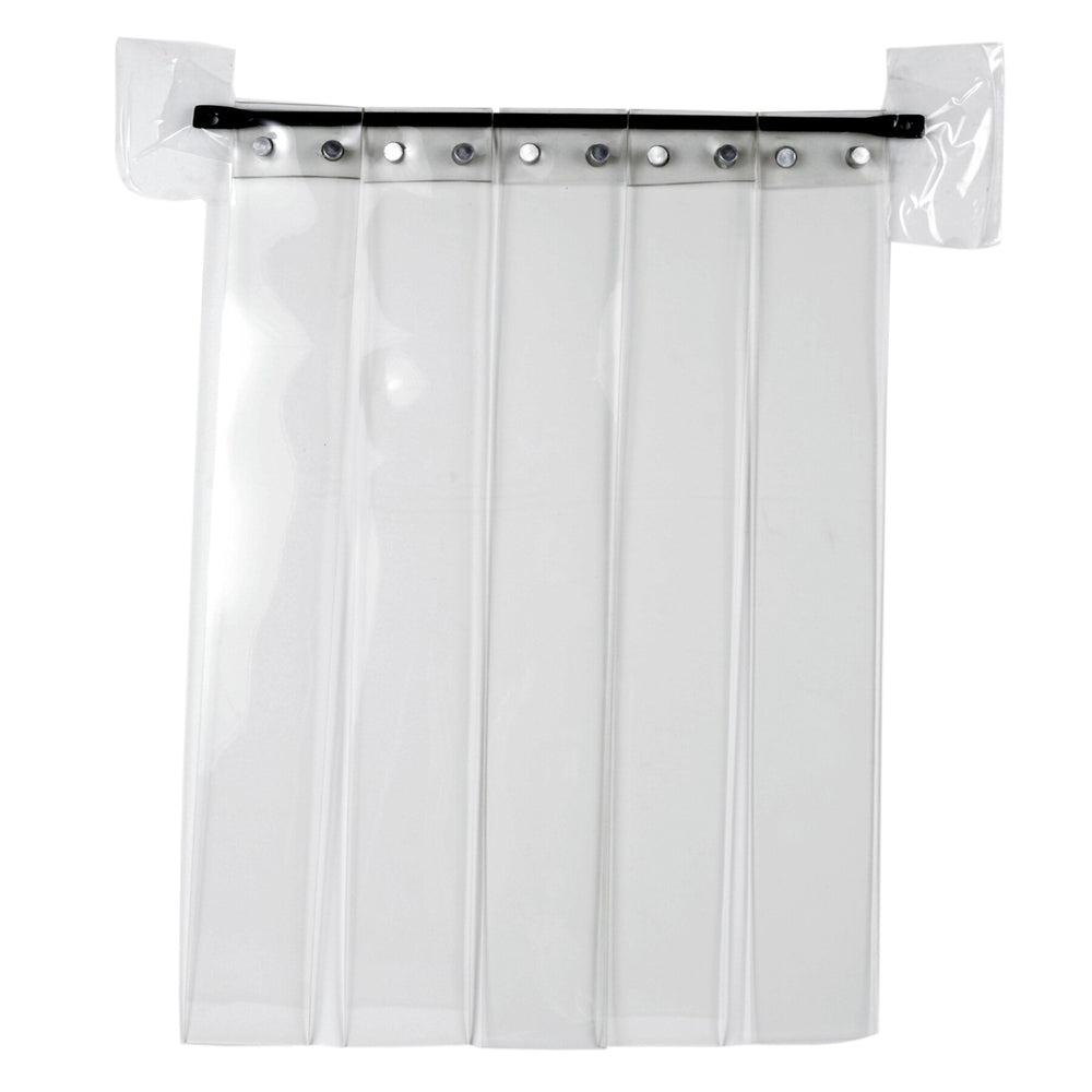 The Precision Pet Outback Dog House Door by Precision Pet Products features a black mount and weather-resistant clear strips. Ideal for controlling temperature and noise, it maintains visibility for industrial, commercial uses, or as durable protection for dog house doors.