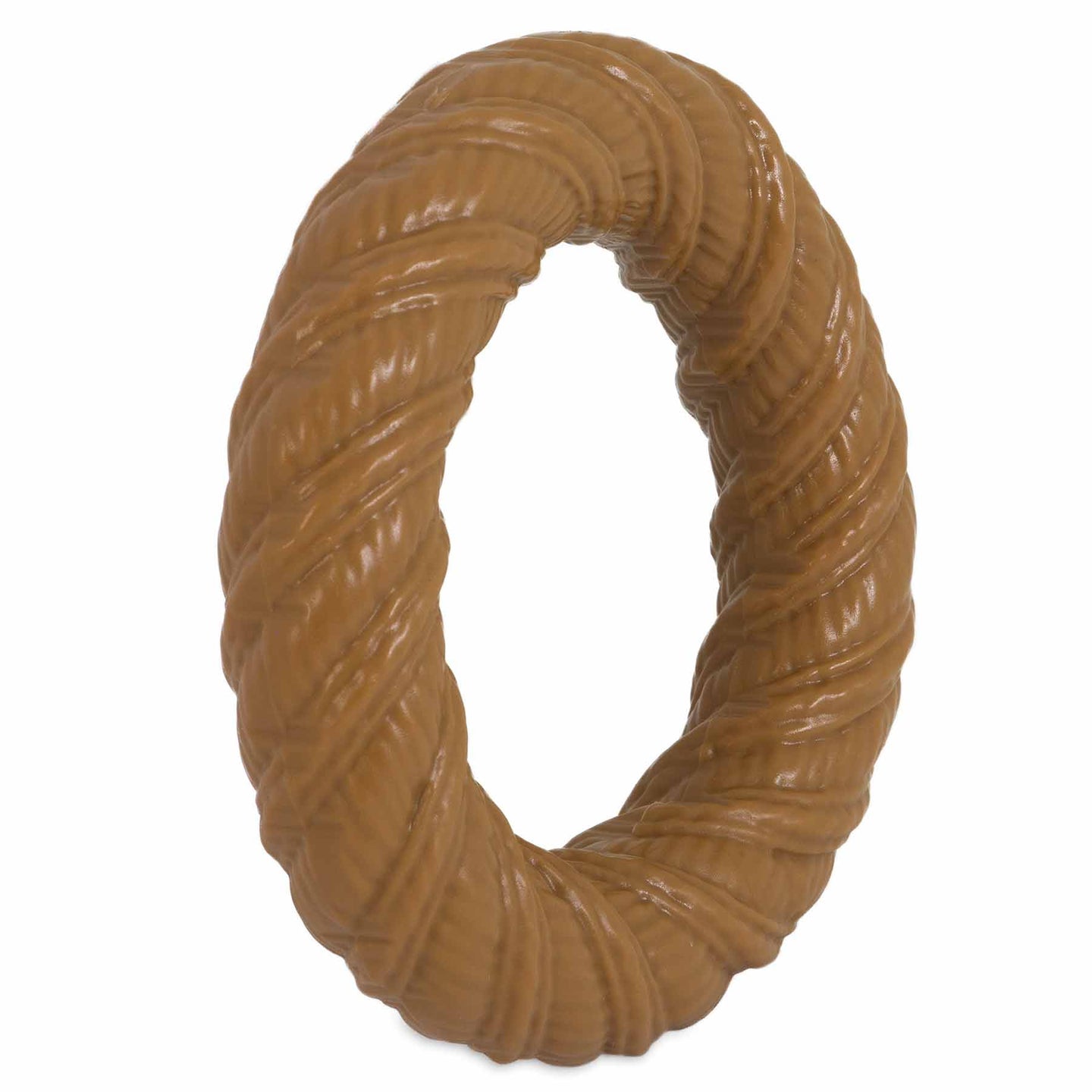 Introducing the BarkBone Natural Instinct Peanut Butter Infused Nylon Chew Ring by Barkbone Natural Instincts, a twisted rope-shaped dog toy made from durable nylon. Its peanut butter-colored and spiraled design makes it ideal for even the toughest chewers.