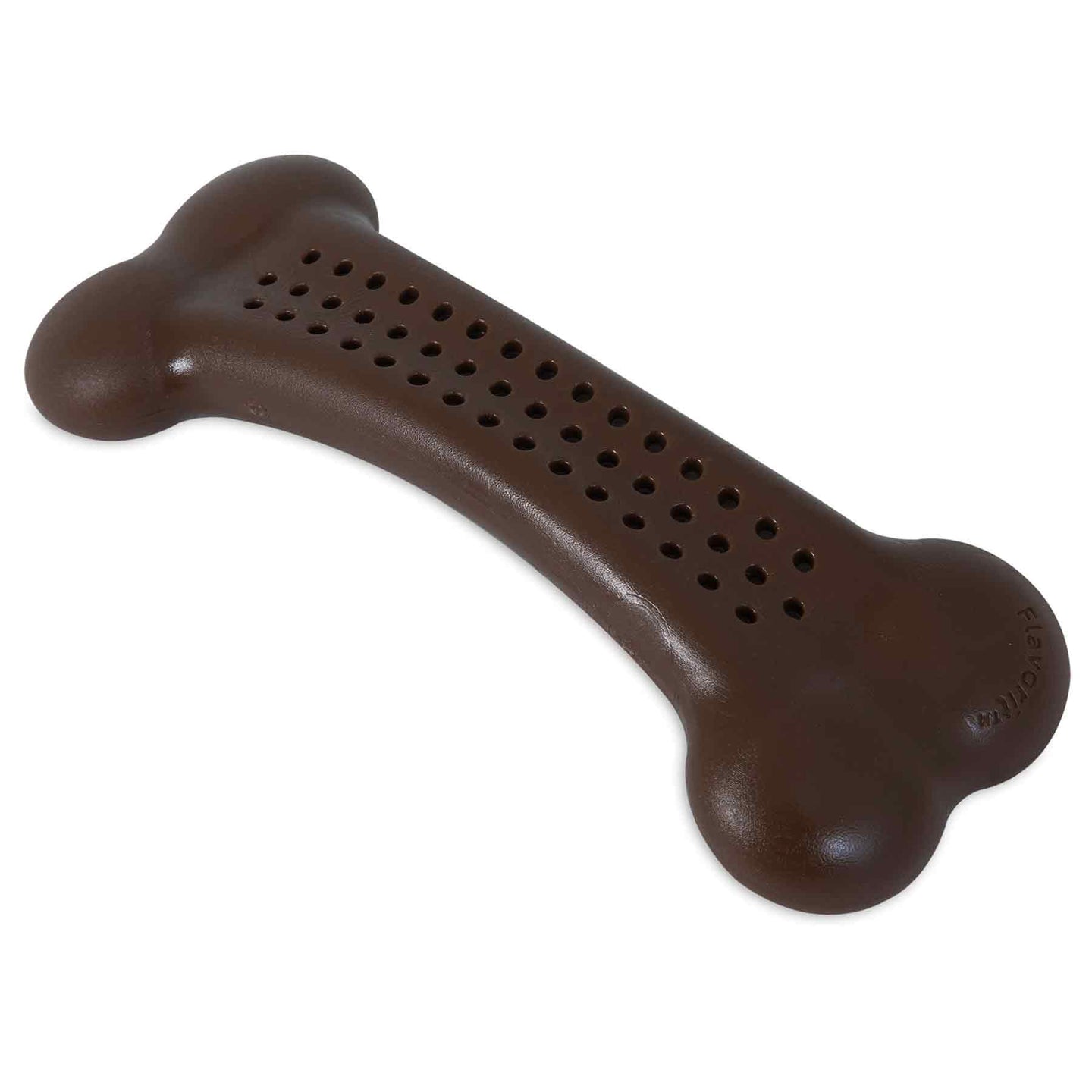 The BarkBone Natural Instincts Peanut Butter Flavorit Nylon Dog Chew is a brown, shiny, bone-shaped toy. Crafted from durable nylon with small perforations and peanut butter flavor, this irresistible chew from Barkbone Natural Instincts is perfect for long-lasting enjoyment.