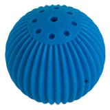 The Petqwerks Talking Babble Ball by Pet Qwerks is a round, vibrant blue toy for pets, made with durable ABS material. Its ribbed sides and small top holes are perfect for interactive play but not designed for laundry use or reducing detergent needs.