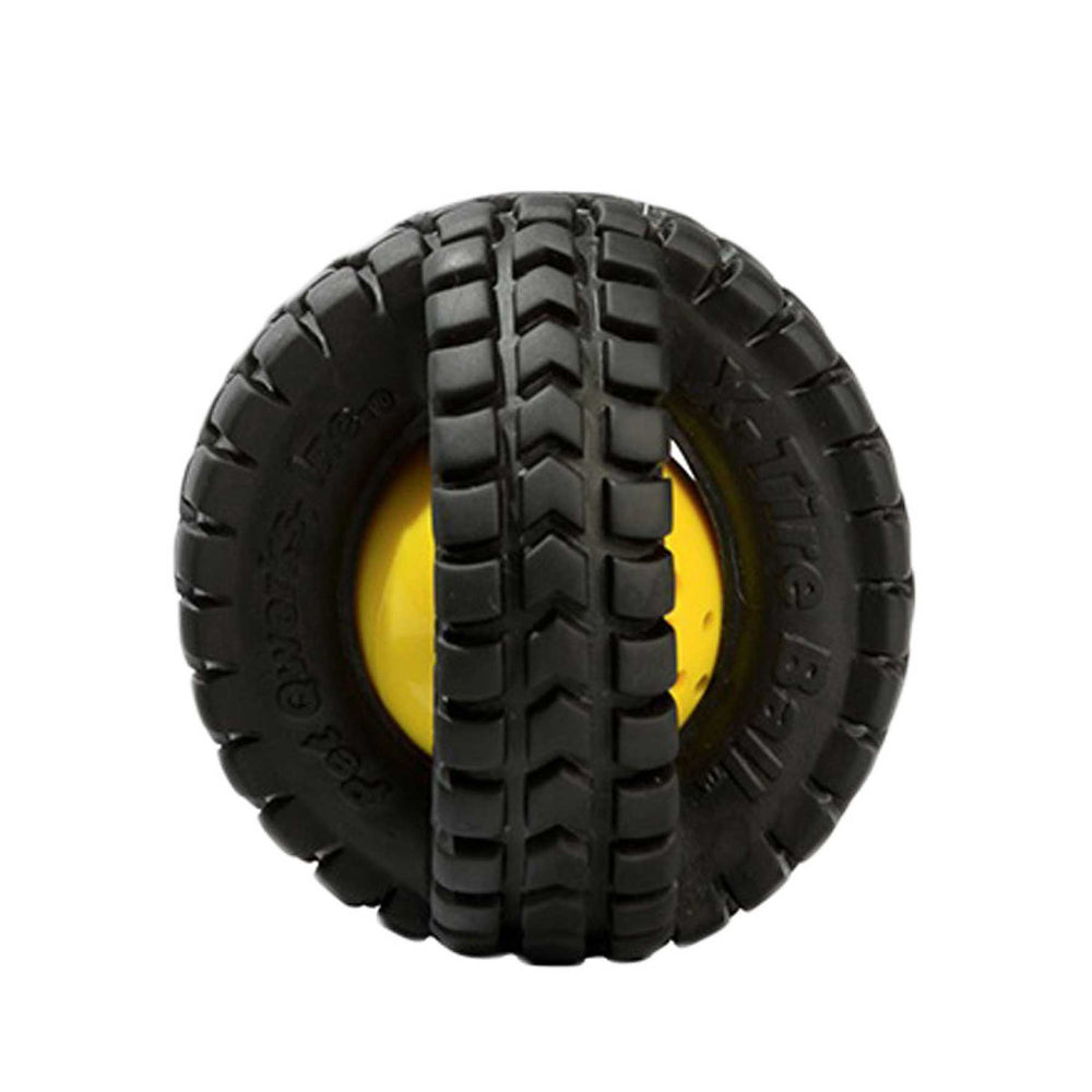Check out the Petqwerks Pet Qwerks Animal Sounds X-Tire Ball: a yellow ball wrapped in black tire treads, resembling a mini vehicle tire with an open center—ideal for playful pups!.