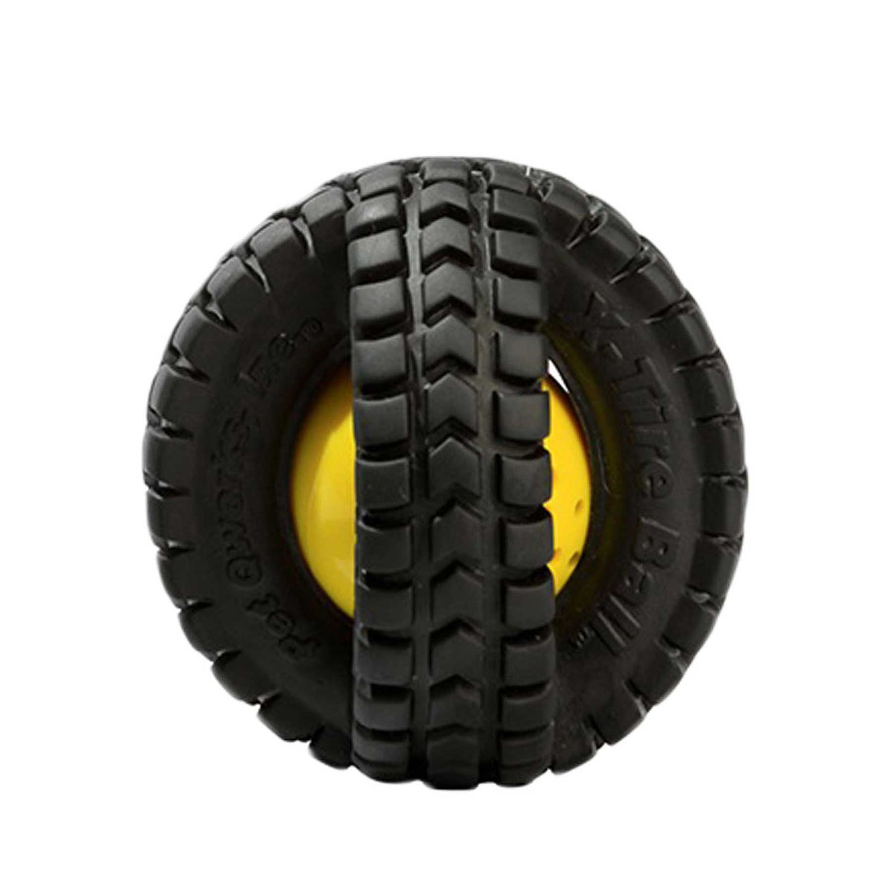 Check out the Petqwerks Pet Qwerks Animal Sounds X-Tire Ball: a yellow ball wrapped in black tire treads, resembling a mini vehicle tire with an open center—ideal for playful pups!.