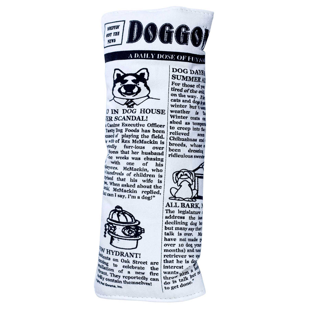 Introducing the Pet Qwerks Krinkle & Squeaky Newspaper Plush Dog Toy by Petqwerks, crafted from durable canvas and resembling a rolled-up newspaper titled Doggone News, complete with dog-themed articles and fun illustrations like a playful raccoon and a cartoon fire hydrant.