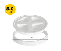 The image shows the Gamma2 GAMMA2 Vittles Vault Replacement 5.0 Lid with a separate ring. A black arrowed line marks its 12-inch diameter, and a yellow circle highlights "5.0 LID," indicating it's ideal for replacing select Gamma2 model lids.