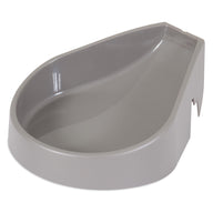 The Petmate Programmable Portion Right Feeder Replacement Food Bowl is a gray plastic, wall-mounted bowl with a semi-circular shape and raised back for support. It has a smooth, glossy interior and secure mounting notches, making it ideal for use with the Petmate Programmable Feeder.