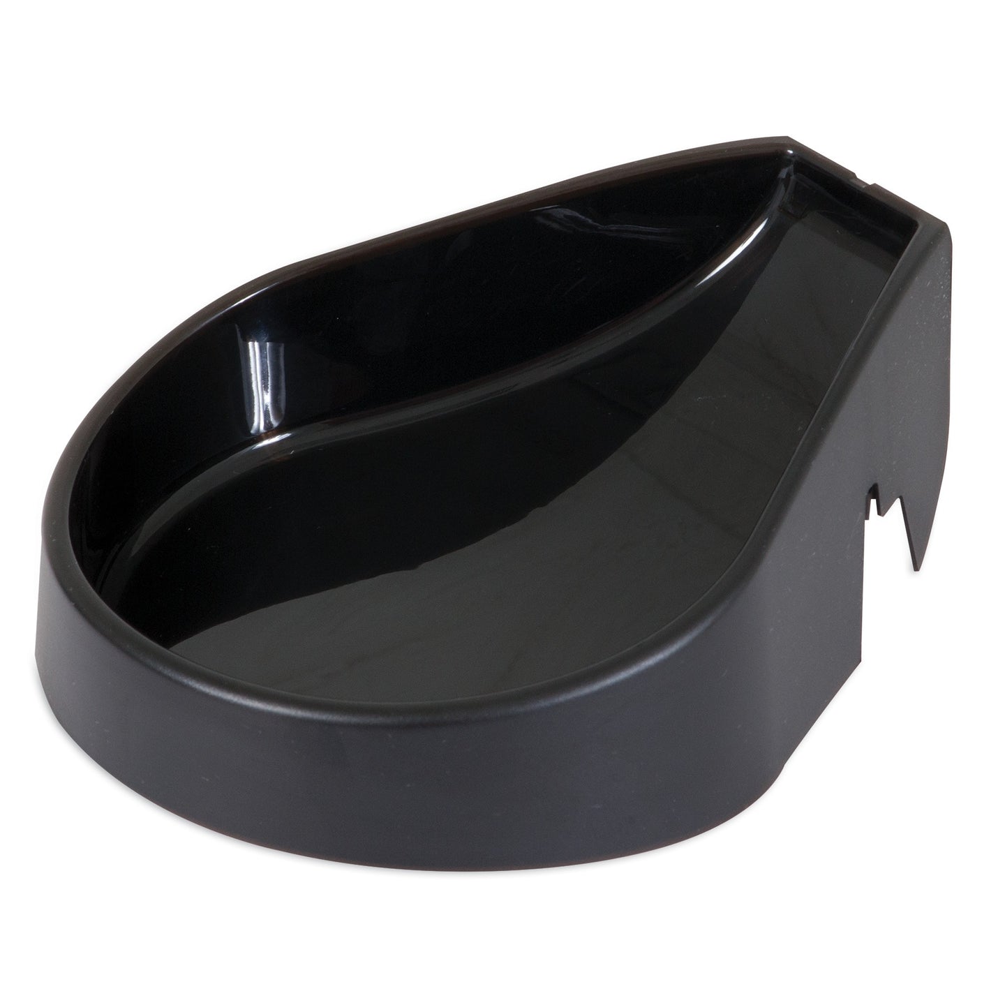 The Aspen Pet LeBistro Automatic Feeder Replacement Bowl is a black, kidney-shaped plastic container with a smooth, shiny surface and raised back edge. Its side notch ensures it fits seamlessly into the LeBistro system by Aspen Pet.