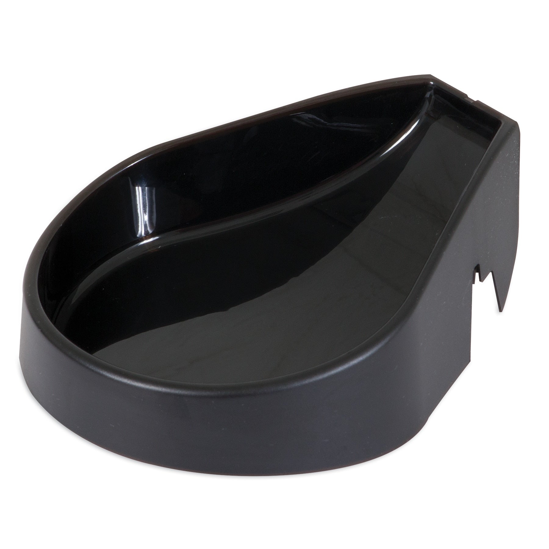 The Aspen Pet LeBistro Automatic Feeder Replacement Bowl is a black, kidney-shaped plastic container with a smooth, shiny surface and raised back edge. Its side notch ensures it fits seamlessly into the LeBistro system by Aspen Pet.