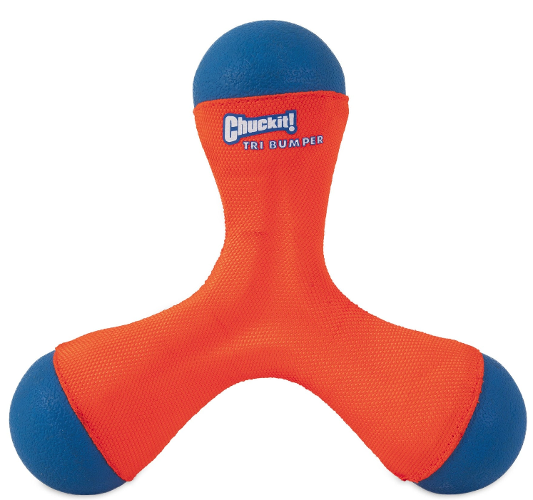 Introducing the Amphibious Tri-Bumper from Petmates Chuckit! Fetch & Float Toy Bundle: a versatile toy with three orange fabric arms, each tipped with a blue rubber end. Perfect for water fetch games and an essential addition to your collection.