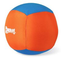 The Chuckit! Fetch & Float Toy Bundle by Petmate includes a round ball with alternating orange and blue segments, with Chuckit! printed in white on the orange section. Its soft texture is ideal for fetching both on land and in water.