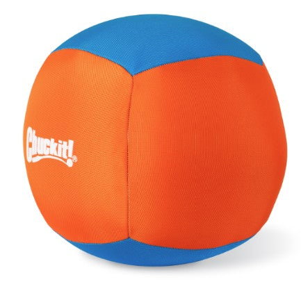The Chuckit! Fetch & Float Toy Bundle by Petmate includes a round ball with alternating orange and blue segments, with Chuckit! printed in white on the orange section. Its soft texture is ideal for fetching both on land and in water.