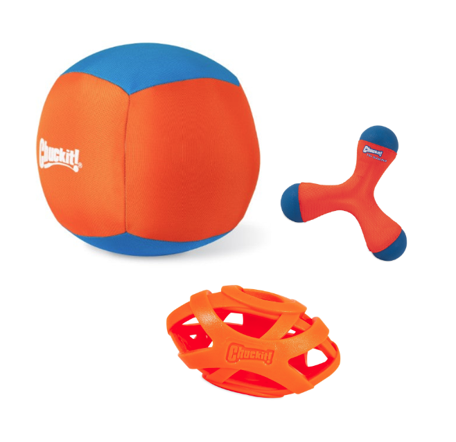 The Chuckit! Fetch & Float Toy Bundle by Chuckit includes a large orange and blue ball, an X-shaped floating toy, and an open-weave rubber ball—ideal for fetch and play on land or in water.