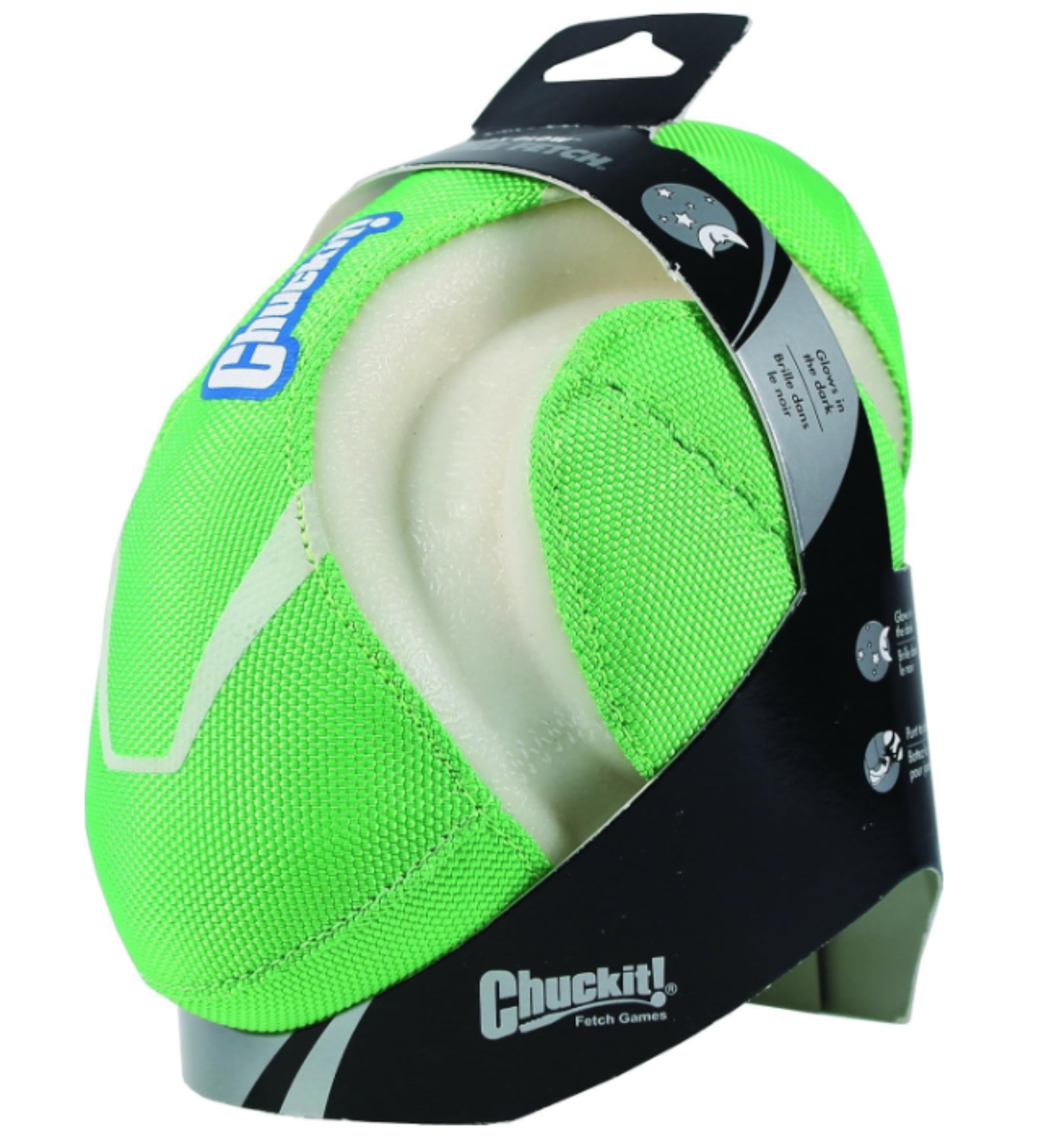 The Chuckit! Fumble Fetch Max Glow in bright green, ideal for thrilling fetch games, features a textured surface. Its packaging includes branding and instructions.