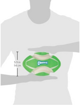 An illustration shows a person holding a green and white Chuckit! Fumble Fetch Max Glow ball by Chuckit. The fetch toy, with textured grip, measures 5.9 inches (14 cm) wide and has precision lines for nighttime play.