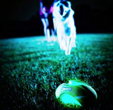 A blurry dog races towards a Chuckit! Fumble Fetch Max Glow toy on the grass at night, with an out-of-focus person in the background.