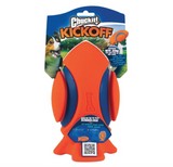 The Chuckit! Kickoff Dog Fetch Toy by Chuckit features dynamic images of a dog on its packaging, highlighting Slobber-Free fetch fun and Durable Bite Zones. The vibrant orange and blue toy includes a QR code at the bottom for more information.