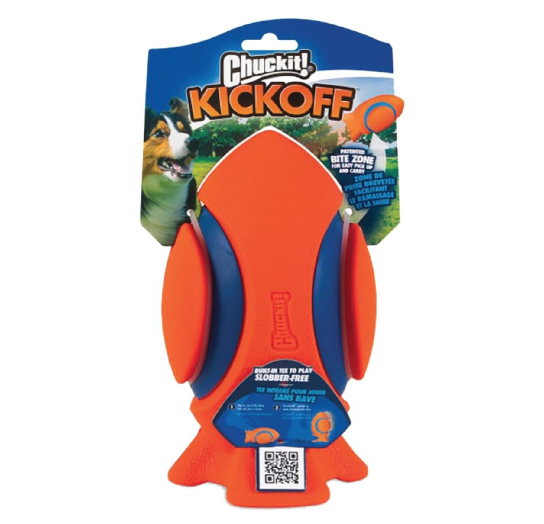 The Chuckit! Kickoff Dog Fetch Toy by Chuckit features dynamic images of a dog on its packaging, highlighting Slobber-Free fetch fun and Durable Bite Zones. The vibrant orange and blue toy includes a QR code at the bottom for more information.