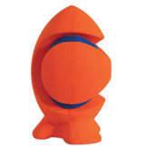 The Chuckit! Kickoff Dog Fetch Toy by Chuckit is a vibrant orange foam toy shaped like a stylized rocket with fins. It encases a smaller blue sphere, has textured surfaces and bite zones for enhanced playtime, and features an angular design for a modern appearance.
