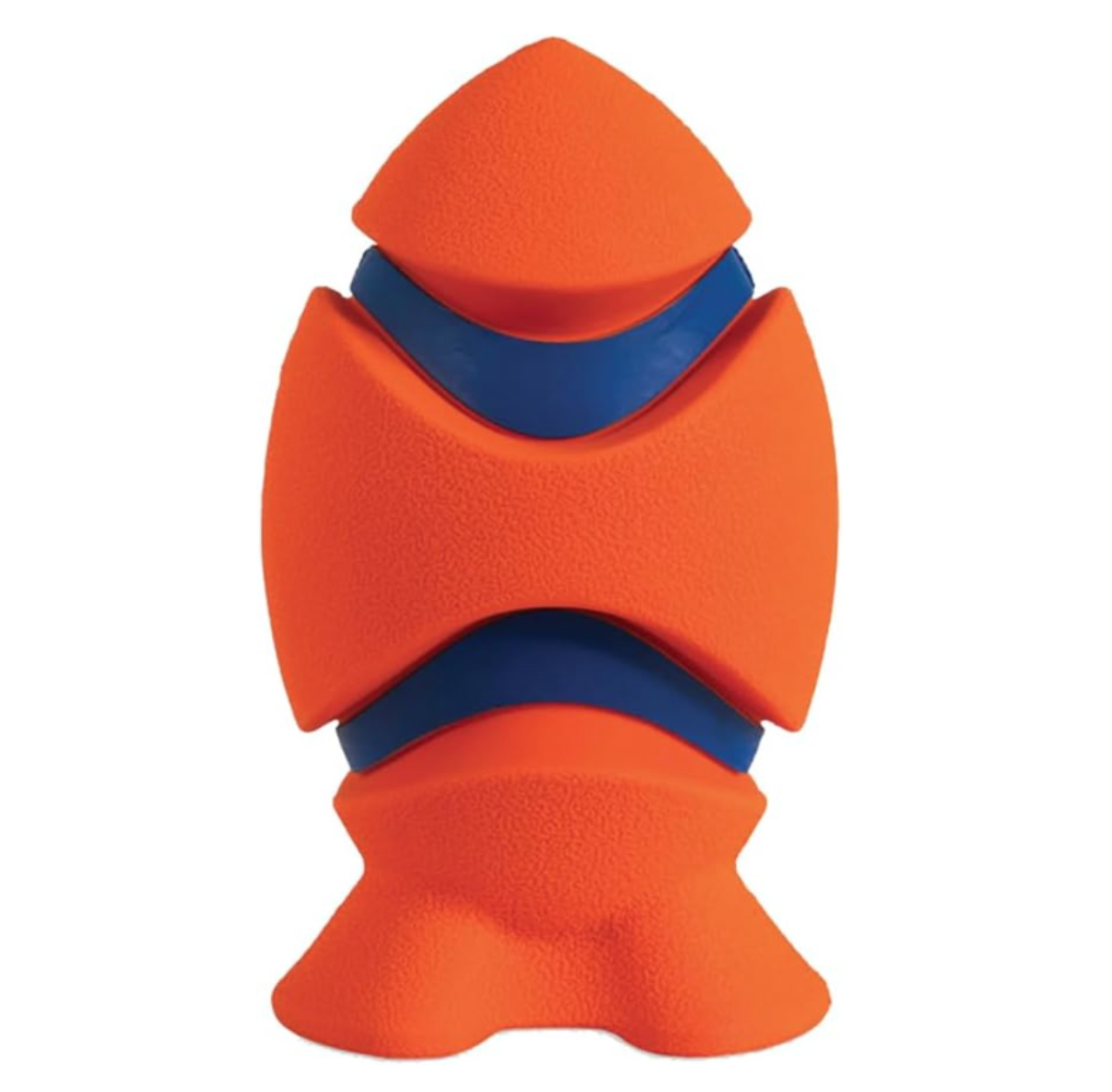 The Chuckit! Kickoff Dog Fetch Toy by Chuckit is a brightly colored rocket-like toy with orange and blue segments, designed with bite zones and a textured surface for an optimal grip, ideal for playful pups.