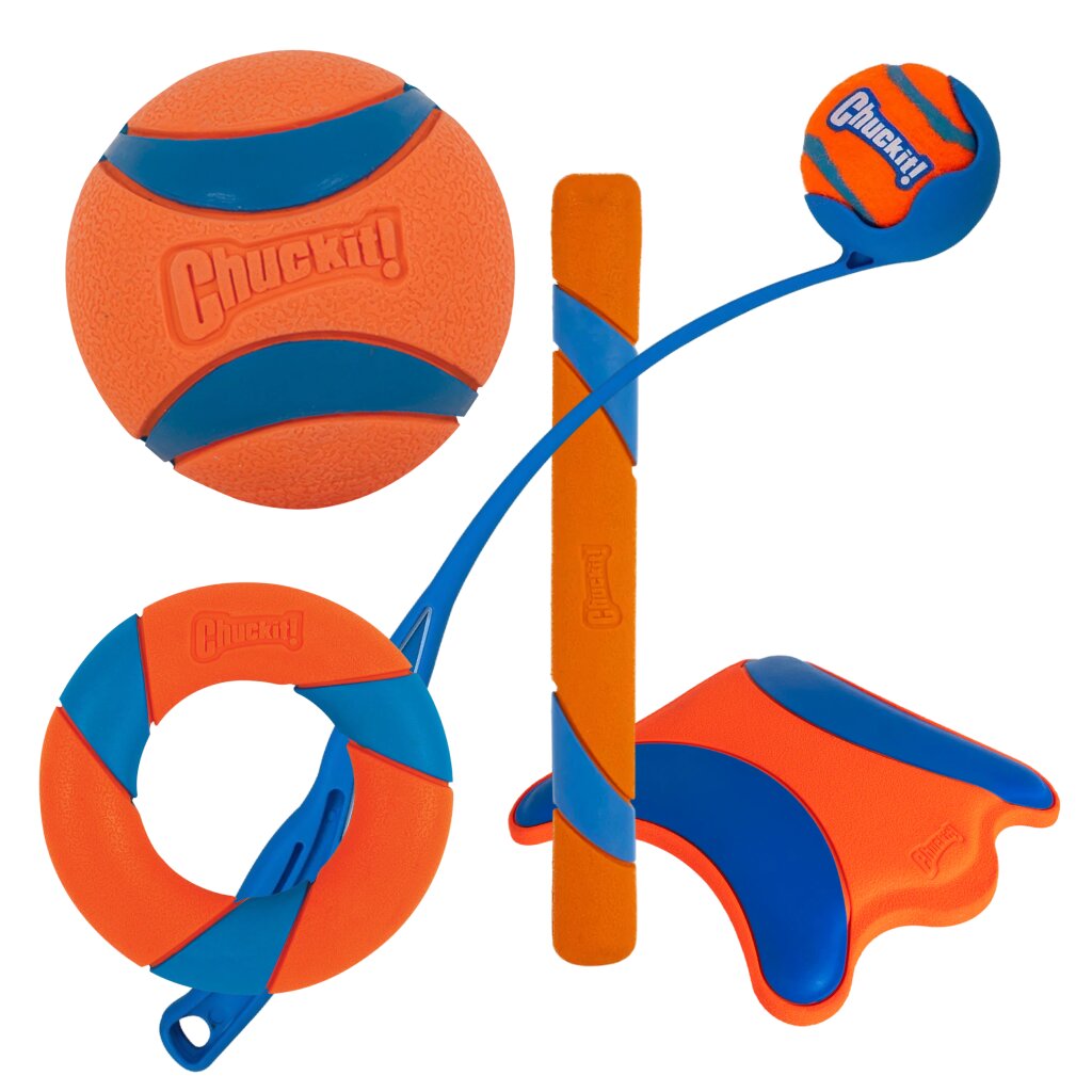 The Chuckit Ultimate Fetch Bundle includes a ball, flying disc, stick, launcher with ball, and wedge-shaped fetch toy—perfect orange and blue toys for outdoor play with your dog.