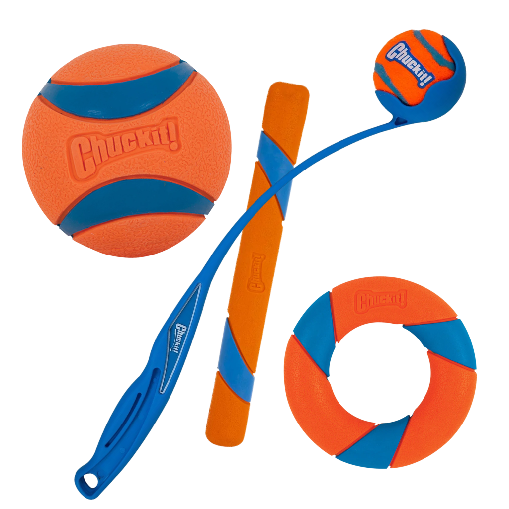 The Chuckit Ultimate Fetch Bundle includes two balls, a stick, a ring, and a blue launcher in orange and blue—perfect outdoor dog toys for active play.