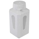 The Vittles Vault Junior by Vittles Vault is a gray BPA-free plastic jug with a wide round screw-on cap for pet food storage. Its rectangular shape has indented grip areas, and the smooth surface ensures safety for your furry friends meals.