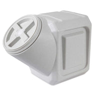 The Vittles Vault Outback Stackable Pet Food Storage Container by Vittles Vault is a large, gray container with an angular design and a round, cross-shaped lid. Its Gamma Seal Technology ensures an airtight seal, and the textured surface makes it perfect for storing bulk pet food.