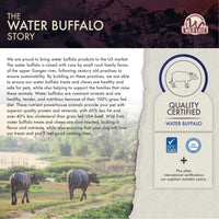 Discover Wild Eats Braided Paddywack dog chews, crafted from ethically farmed water buffalo, with reduced fat and cholesterol. Featuring quality certification logos over a scene of a buffalo grazing in scenic mountains.