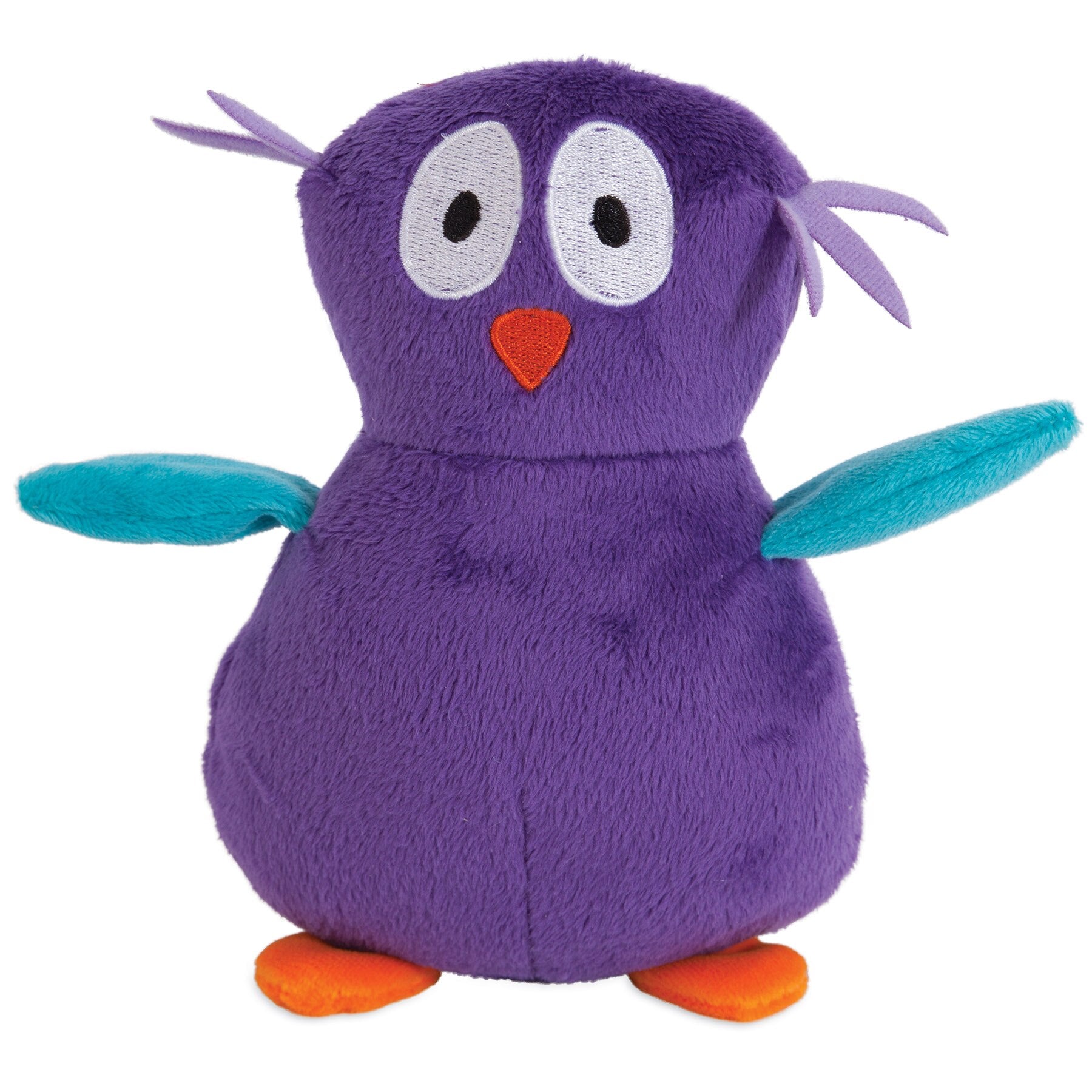 Meet the Zoobilee Grunter Owl Dog Toy, a plush companion featuring a round purple body, big white and black eyes, a small orange beak, teal wings, tiny orange feet, and fabric strands for hair—perfect as both a delightful pet toy and charming friend.