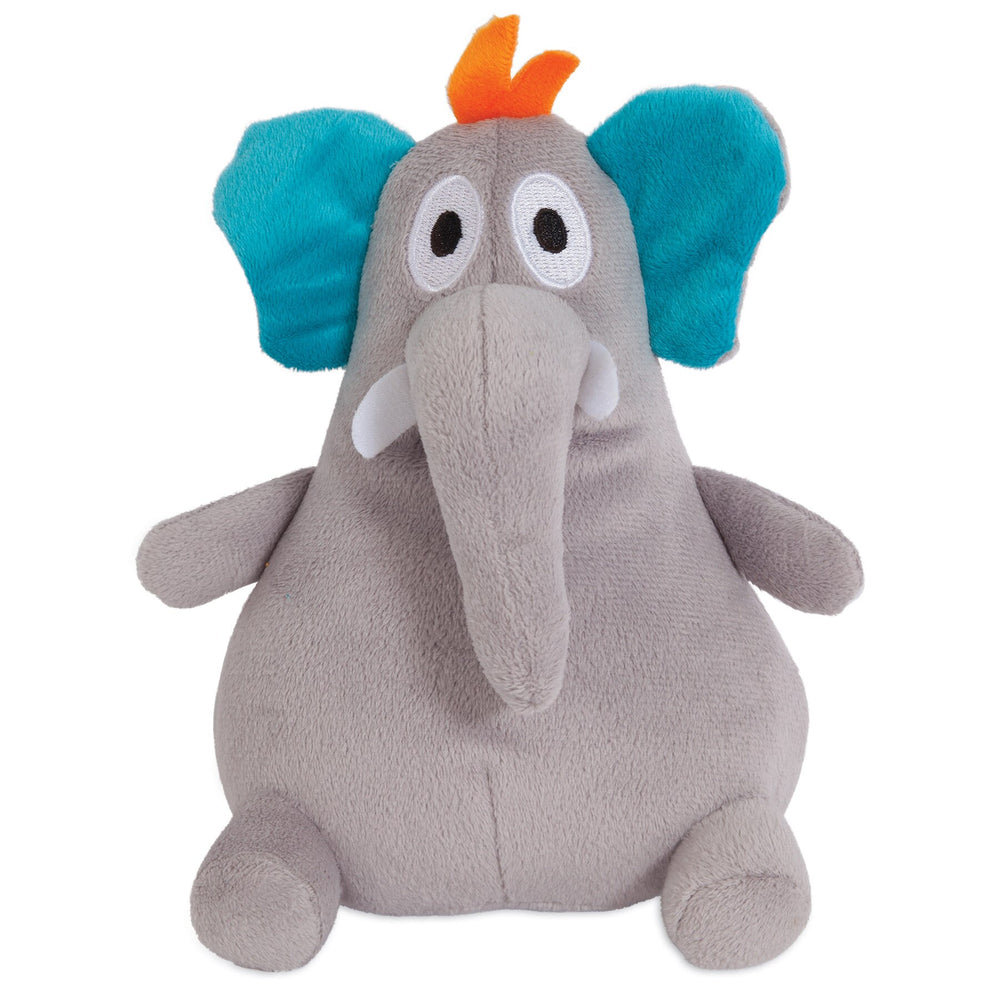 Introducing the Zoobilee Grunter Elephant Dog Toy by Zoobilee: a durable plush pet toy featuring a long trunk, small white tusks, vibrant blue ears, orange hair tuft, and large white eyes with black pupils. Designed to withstand playtime with your furry friend.