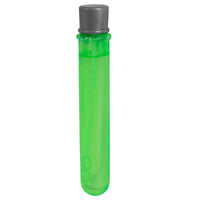 A transparent green test tube with a gray cap contains a bright green liquid, similar to Petqwerks Catnip IncrediBubbles for Cats. It stands upright against a plain white background, inviting imagination and fun.