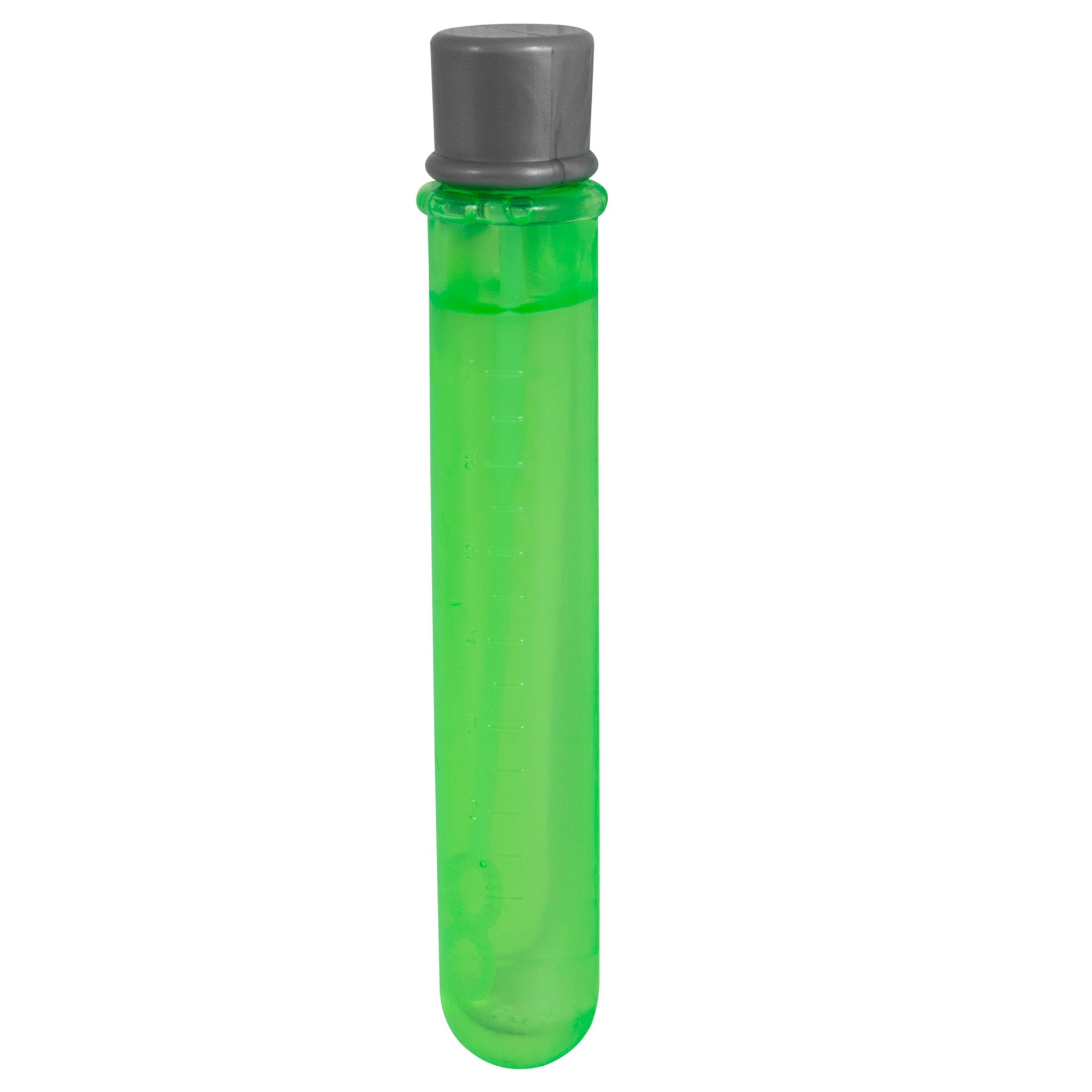 A transparent test tube containing a neon green liquid, similar to Pet Qwerks Catnip IncrediBubbles for Cats by Petqwerks, is sealed with a gray cap.
