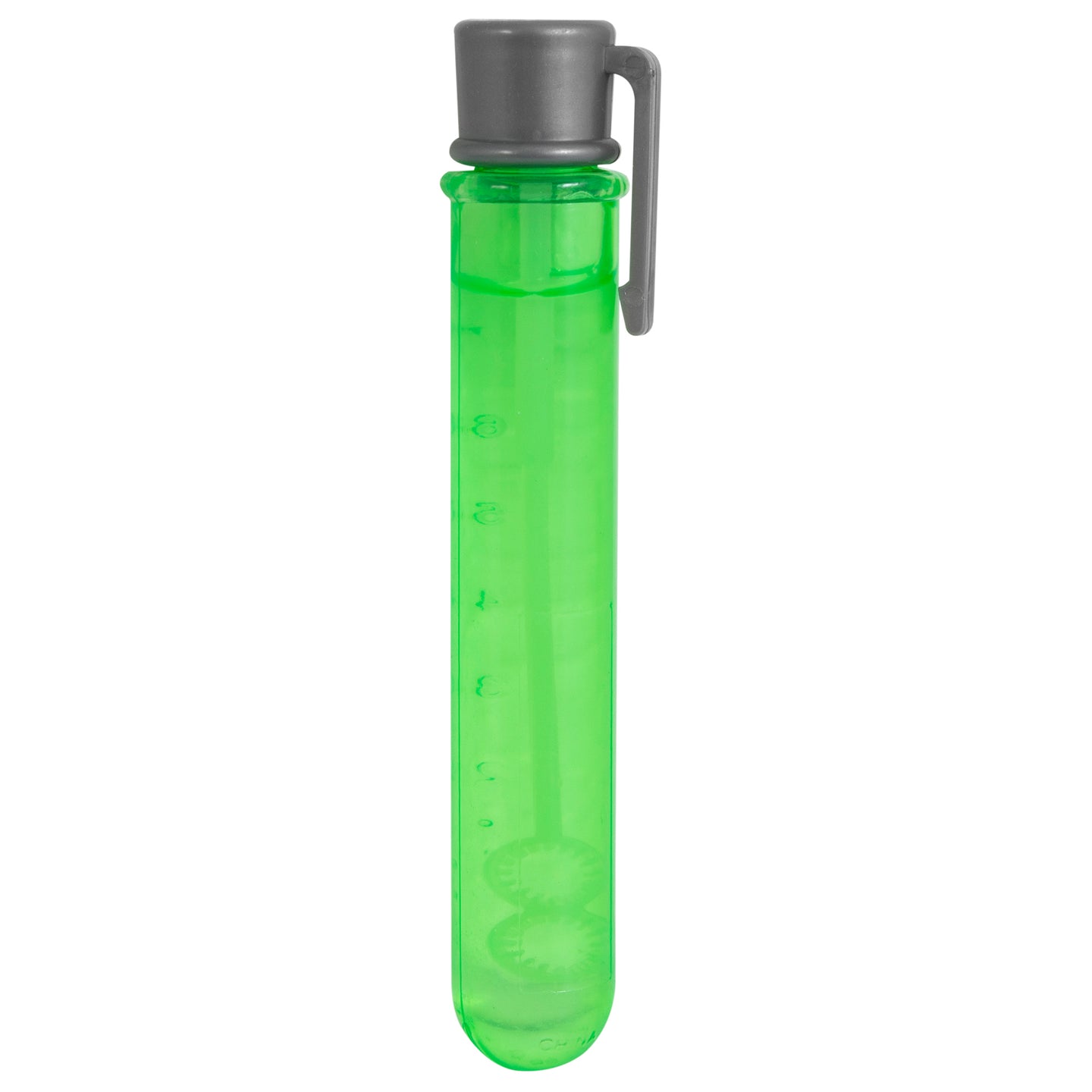 A translucent green test tube labeled Pet Qwerks Catnip IncrediBubbles for Cats by Petqwerks features a gray cap and clip, with side measurement markings, perfect for fun like mixing catnip bubbles.