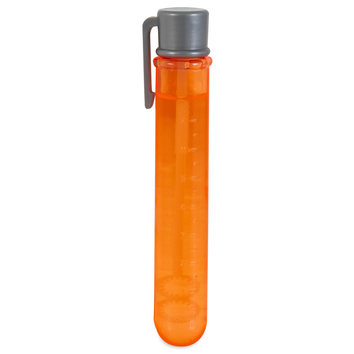 The Pet Qwerks Peach IncredibBubbles Interactive Toy by Petqwerks is an orange plastic test tube with a gray cap and side clip. Its transparent, perfect for making dog bubbles, featuring measurement markings for precise mixing.