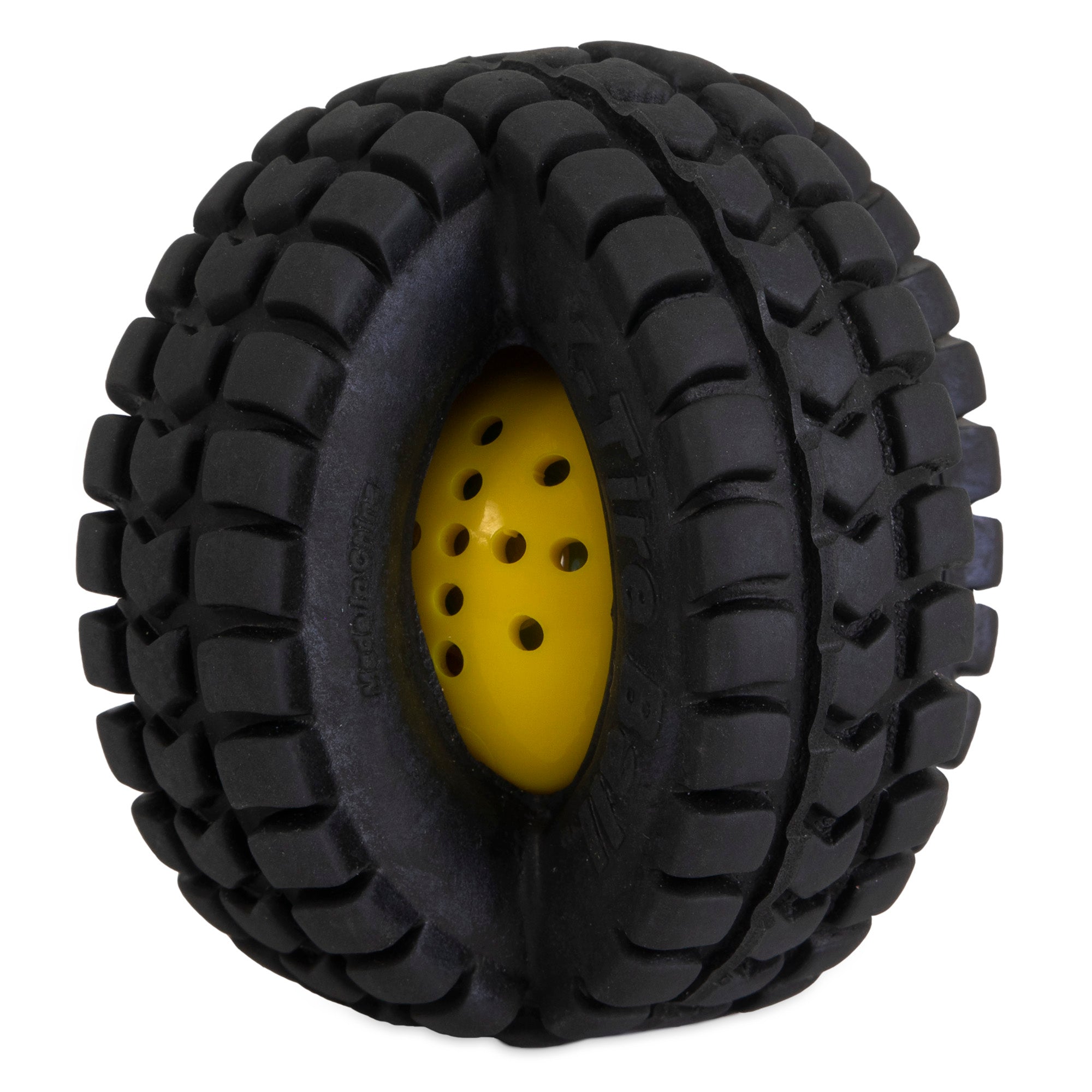 The Petqwerks Animal Sounds X-Tire Ball is a dog toy with a black rubber design and tire-like tread, revealing an inner yellow ball dotted with holes. Perfect for pets, it captures the fun and excitement of Pet Qwerks.