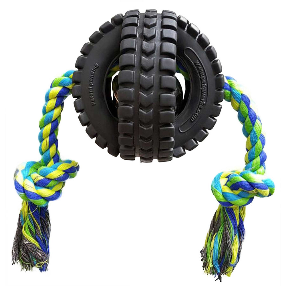 Pet Qwerks Single Rope X-Tire Jingle Ball. SKUS: ZXTR1