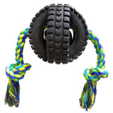 Discover the Petqwerks Single Rope X-Tire Jingle Ball! This playful dog toy features two black rubber tires with textured treads and a colorful rope in vibrant blue, green, and yellow strands extending from the center with lively frayed ends.