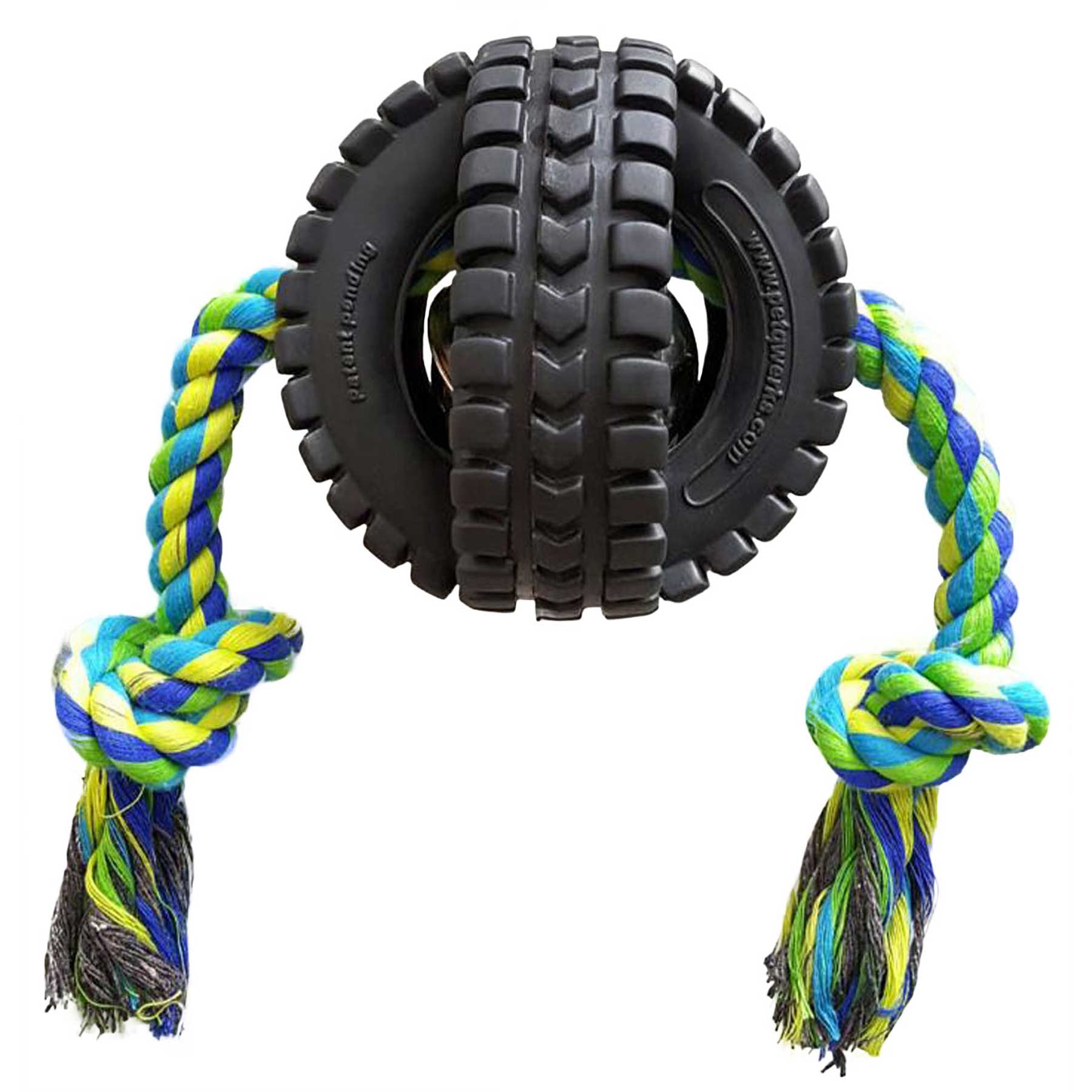 Discover the Petqwerks Single Rope X-Tire Jingle Ball! This playful dog toy features two black rubber tires with textured treads and a colorful rope in vibrant blue, green, and yellow strands extending from the center with lively frayed ends.