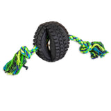 The Pet Qwerks Single Rope X-Tire Jingle Ball by Petqwerks features two black rubber tires connected by a colorful braided rope in green, blue, and yellow. Frayed at the ends, it’s ideal for chewing and tugging fun.