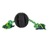Introducing the Pet Qwerks Single Rope X-Tire Jingle Ball by Petqwerks: a toy with a black rubber tire and colorful braided rope threaded through it, featuring blue, green, and yellow frayed ends for extra entertainment.
