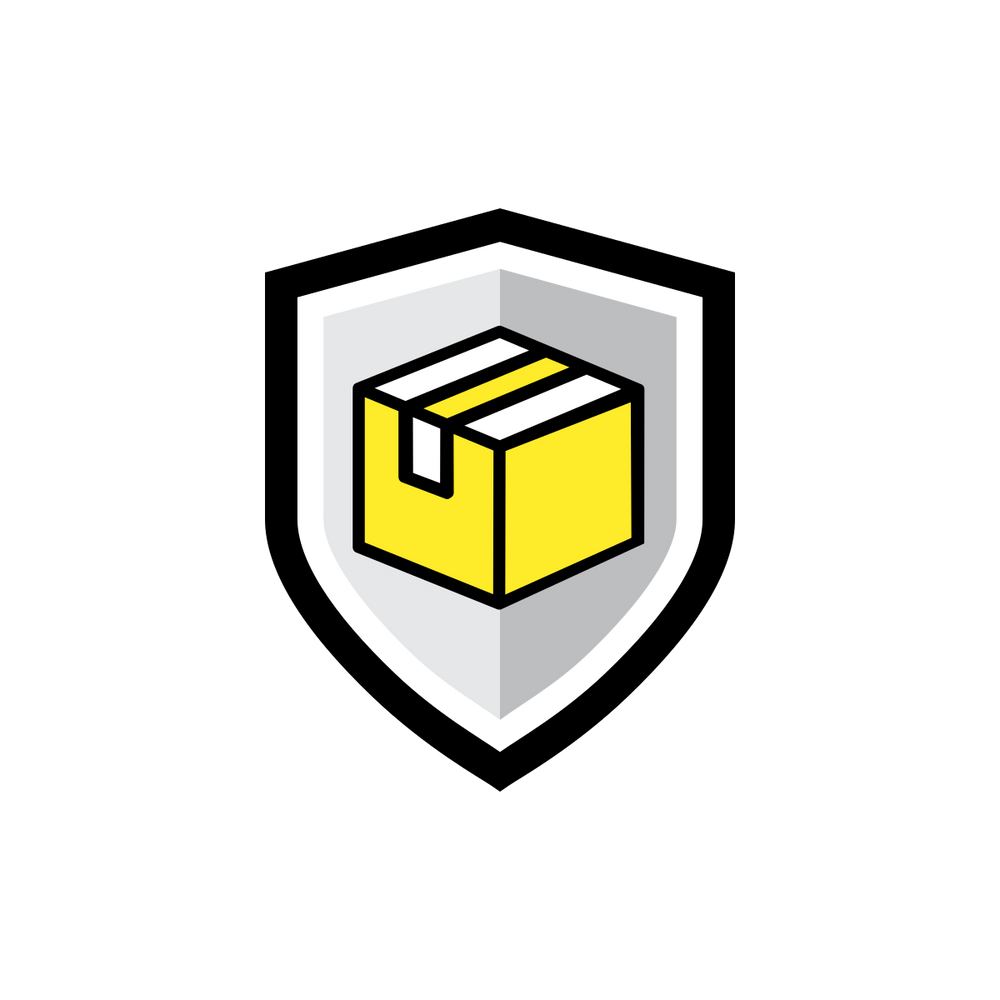 A simplified illustration of the Norton Shopping Guarantees yellow cardboard box with a white stripe, representing package protection, is placed on a gray shield against a black background.